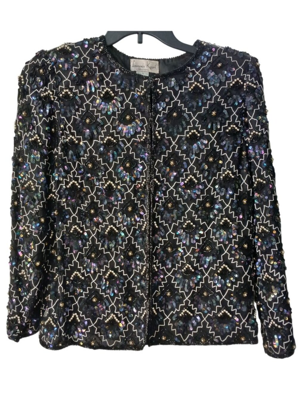 VTG Laurence Kazar Sz L Black Silver 100% Silk Sequin Bead Jacket Formal #T-27